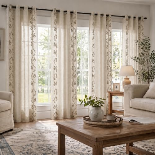 Deconovo Floral Linen Sheer Curtains 96 Inch Long for Living Room 2 Panels - color: Beige/Meadow Floral/Grommet, size: 50"W x 96"L (Pack of 2)