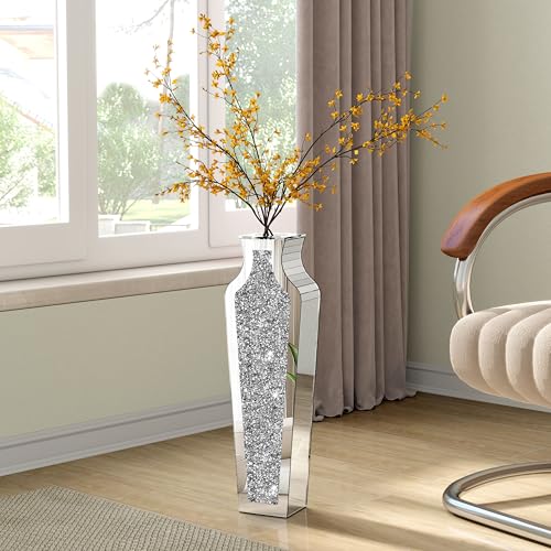 SHYFOY 18" Silver Floor Vase Crushed Diamond Mirrored Vase for Decor Living Room Floor, Crystal Mirrored Luxury Container for Dried Flower Arrangements Decor, Can’t Hold Water - color: Silver, size: 18"H x 5.4"L x 3.2"W