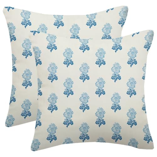 Navy Blue Floral Pillow Covers 18X18 Inch Set of 2, Boho Vintage Flower Block Print Throw Pillows Farmhouse Spring Summer Flower Outdoor Decorative Cushion Case for Home Sofa Couch Bed - color: Blue Block Print, size: 18" x 18" (Pack of 2)