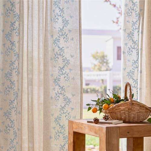 jinchan Floral Linen Curtains, Back Tab 50x63 Inch, 2 Panels Blue - color: Vine | Sky Blue, size: 50"W x 63"L (Pack of 2)