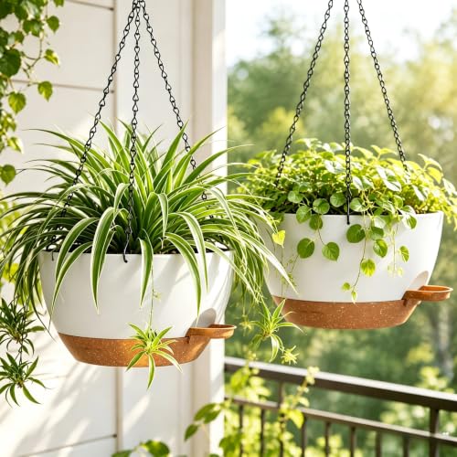 12" Self Watering Hanging Planters with Chains, White Brown, 2 Pack - color: White Brown, size: 2 pack 12 inches
