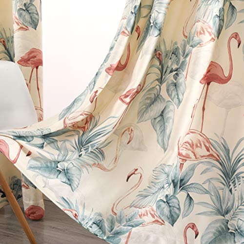 Autumn Dream White Blackout Curtains Grommet Top Leaves Flamingo Floral Farmhouse Curtains for Living Room,Bedroom,1 Panel,52 by63 inch - color: White Green Leaves Flamingo, size: 52"W x 63"L (Pack of 1)