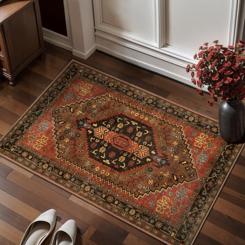 Ciicool 2x3ft Small Area Rug,Washable Boho Thin Mat for Entryway Kitchen - color: Red/Gold, size: 2' X 3' (Rectangular)