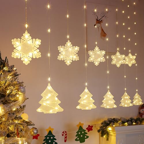 BLOOMWIN Christmas Window Lights Indoor - 2M 160 LED Christmas Window Decorations, Snowflake Curtain Hanging Fairy String Icicle Lights for Xmas Noel Bedroom Holiday Home Outdoor, Warm White USB - color: Snowflakes-Warm White, size: Snowflakes & Trees