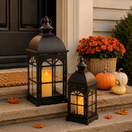 TRIROCKS Set of 2 Decorative Vintage Candle Lanterns 14.5"&20" H Farmhouse Outdoor Hanging Lanterns with Tempered Glass for Porch, Balcony, Patio, Home, Centerpieces, Indoor, Outdoor(Black) - color: 20''&14.5''h Black