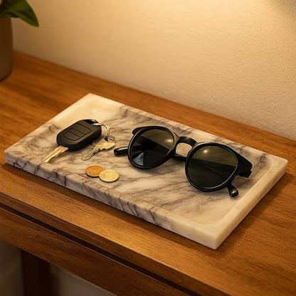 White Marble Vanity Tray – 10.63"x5.91" Rectangular Natural Stone Organizer for Bathroom Perfume Makeup Jewelry Dresser Entryway - color: Rectangular Plum Blossom White