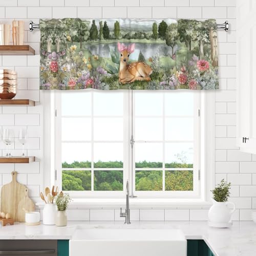 Floral Deer Curtain Valance 54x18 Inches Window Treatment Rod Pocket Valance for Kitchen Bathroom Bedroom - color: Floral Deer
