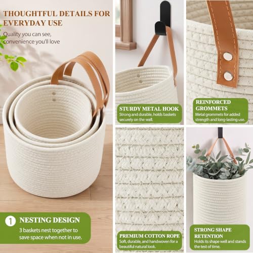 Honeydak 3 Hanging Baskets, Cream, Round Bucket Basket - color: Cream, style: Round Bucket Basket