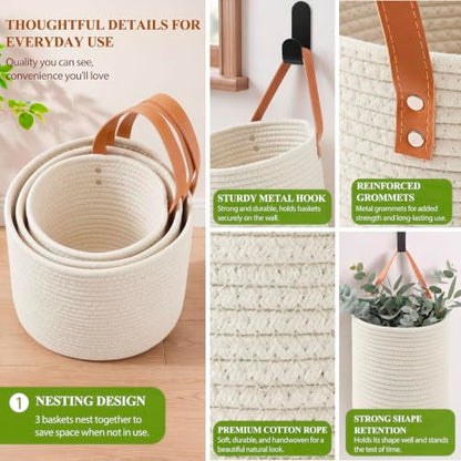 Honeydak 3 Hanging Baskets, Cream, Round Bucket Basket - color: Cream, style: Round Bucket Basket