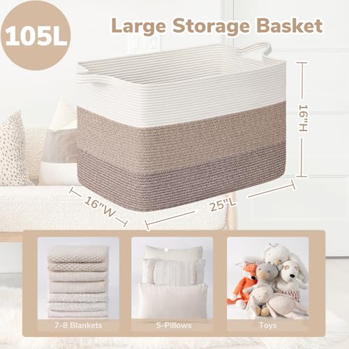 Goodpick 105L Extra Large Woven Rope Blanket Basket, Rectangle, Light Brown - color: Light Brown, size: XX-Large(25"L x 16"W x 16"H)