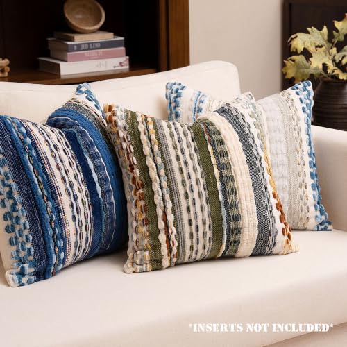 Boho Chenille Tufted Throw Pillow Covers 18x18 Inch Set of 2 Farmhouse Mixed Green Woven Striped Decorative Pillowcases for Couch Sofa Bed - color: Mixed Green