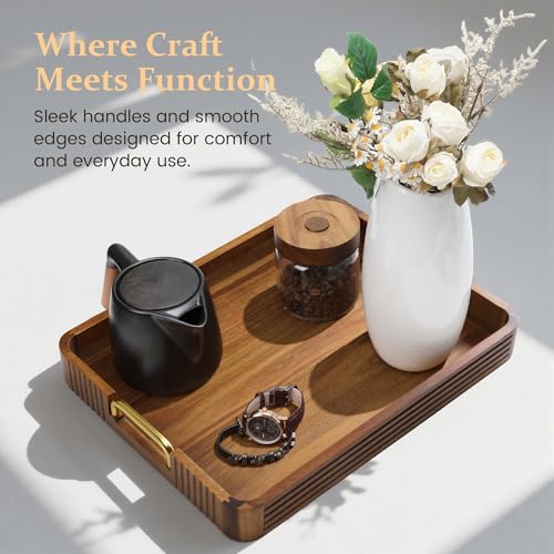 Acacia Wood Serving Tray with Gold Handles (Natural, 17" x 13" x 2") - color: Natural Acacia / Gold Handle, size: 17” × 13” × 2”