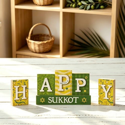 Smile Sukkot Wooden Standing Decor, Happy Sukkot Letter Blocks with Etrog and Star of David Tiered Tray Tabletop Signs for Jewish Holiday Decor - style: Letter Sukkot