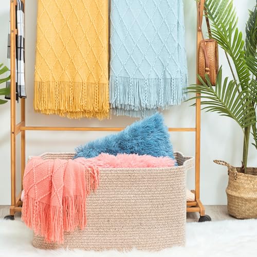 MINTWOOD Design 22in Extra Large Blanket Basket Holder Living Room, Rectangle Rope Woven Storage Basket with Handles for Laundry, Pool Towels, and Shoes, Dog Toy Organizer Bin Box, Oatmeal Brown - color: Oatmeal Brown