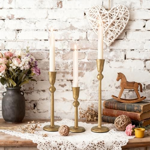 Set of 3 Antique Brass Taper Candle Holders Iron Candlestick Holder - color: Gdzt05-3a