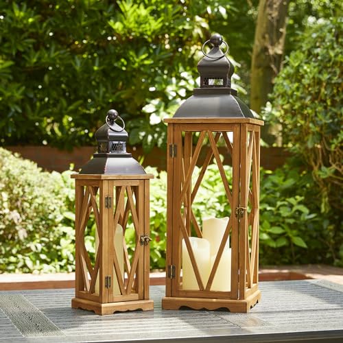 Glitzhome Decorative Candle Lanterns, 2 Pack Farmhouse Lanterns Decor, Vintage Hanging Candle Holder Wooden Lantern Decorative Indoor&Outdoor for Patio, Porch, Entryway, Centerpieces (No Glass) - color: Diamond Brown