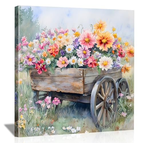LJXDUBAF Vintage Floral Canvas Wall Art,Rustic Meadow with Flowers Landscape Framed Poster, Farmhouse Style Artwork for Living Room Bedroom Bathroom Kitchen Decor - color: Flower 03, size: 16"L x 16"W
