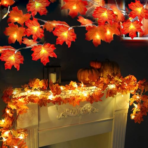 Fall Decor 2 Pack Fall Garland with Lights Enlarged Maple Leaves 20Ft 40LED - size: 2 Pack