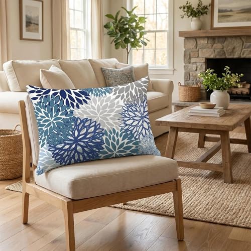 COMMINY Blue Grey Lumbar Pillow Covers 12x20 Set 6 Linen Throw Cover - color: Blue Daisy, size: 20" x 12" (Pack of 6)