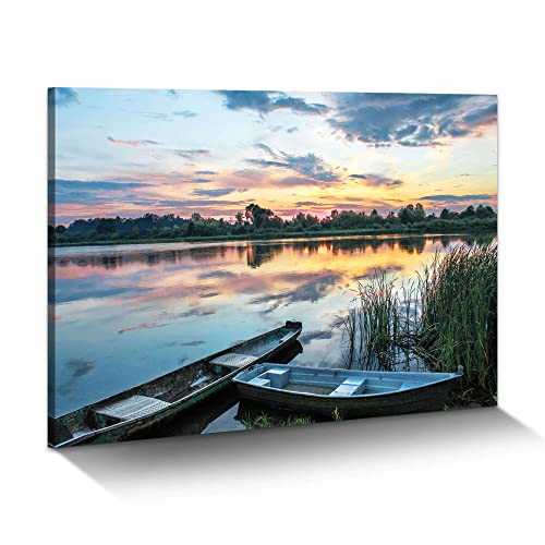 Lake Landscape Canvas Wall Art: Modern Relaxing Sunset Skyline Painting Simple Natural Boat Reed Print Wilderness Clear Calming Water Scenery Picture Green Forest View Gallery Artwork for Bedroom - color: Lake Boat, size: 24"L x 16"W