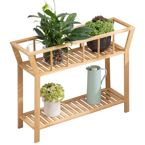 Nnewvante Bamboo Plant Stand Indoor 37.4"x11" 2 Tier Tall Organizer Shelf
