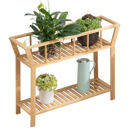 Nnewvante Bamboo Plant Stand Indoor 37.4"x11" 2 Tier Tall Organizer Shelf