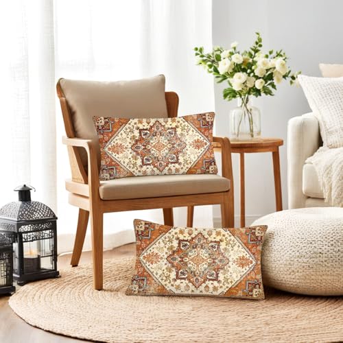 Orange Boho Lumbar Pillow Covers 12X20 Set of 2 Bohemian - color: Red Orange