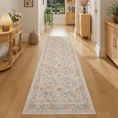 DUKINO 2x6 Runner Rug, Washable Vintage Floral Kitchen Rug, Beige - color: Beige Peach, size: 2' x 6' (Rectangular)