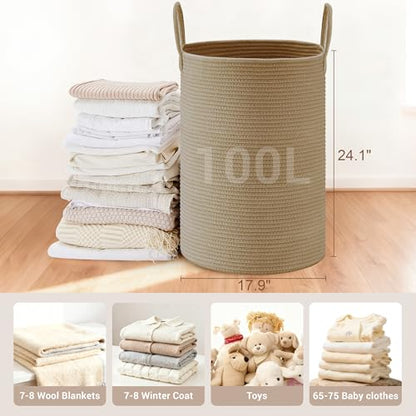 100L Extra Large Tall Cotton Rope Laundry Basket with Handles, Jute - color: Jute, size: 100L