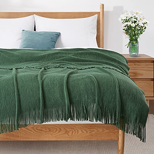 Homiest Dark Green Knitted Throw Blanket with Fringe, 50x60 Inch - color: Dark Green, size: 50" x 60"