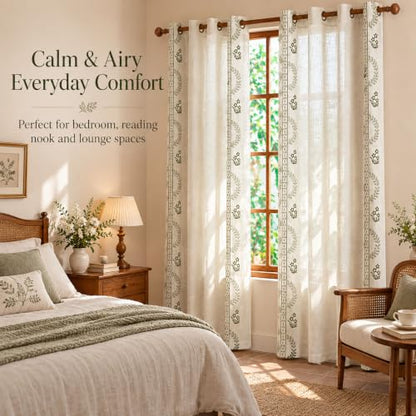 Beige linen blend brown embroidery Floral Grommet Curtains 55X83", 2 Panels - color: Grass Greenn, size: 55"W x 83"L (Pack of 2)
