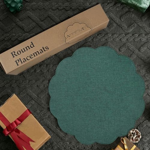 AHHFSMEI Round Scalloped Placemats Set of 6 15 Inch Faux Linen - color: Forest Green