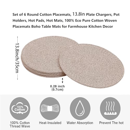 6Pcs Round Cotton Woven Placemats, 13.8'' Mix Brown Woven Vintage Place Mats, Woven Plate Chargers Wicker Tablemats Farmhouse Boho Braided Heat Resistant Outdoor Placemat Patio Table Mats - color: Mix Brown, size: Round Set of 6