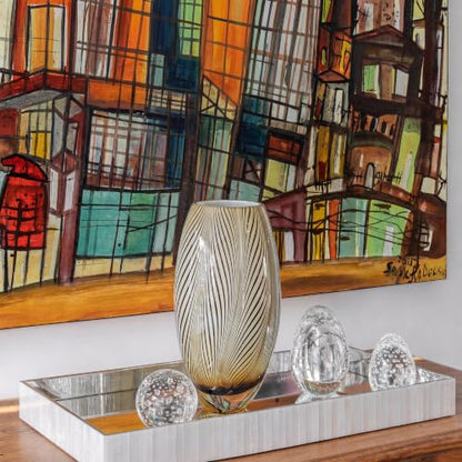 Murano Style Glass Vase Hand Blown Amber Feather Pattern Effect Home Decor - color: Amber