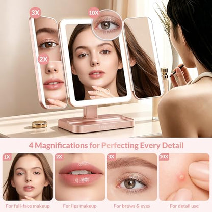 EASEHOLD Trifold Lighted Makeup Vanity Mirror with Lights and Magnification - color: Rose Gold - Rechargeable-5000 Mah-3 Sides Light