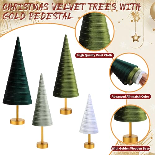 Hoolerry 4 Pcs Christmas Velvet Trees with Gold Pedestal, Forest Green - color: Forest Green
