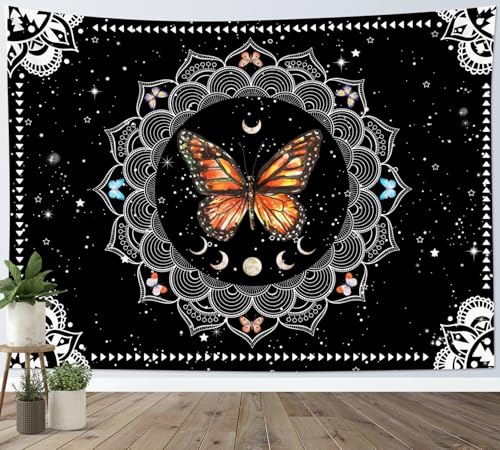 LB Orange Butterfly Tapestry Purple and Blue Butterfly with Boho Mandala Moon Phase Tapestry Wall Hanging White Star Moon Bohemian Aesthetic Wall Art Decor for Bedroom Living Room Dorm 80Wx60L Inches - color: Orange, size: 60"L x 80"W
