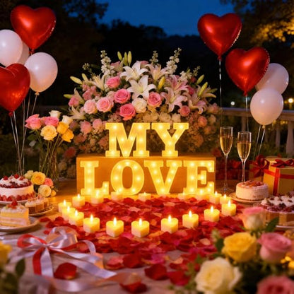 My Love Light up Letters, Include Tea Lights Candles, Latex Balloons, Aluminum Balloons and Rose Petals, Special Festival, Surprise Gifts for Women and Men - color: MY LOVE