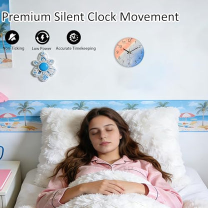 Pink Beach Wall Clocks, 8 Inch Glass Silent Battery Operated Clock - color: Pink Blue, size: 8 Inch