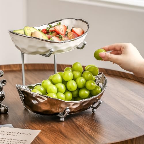 2-Tier Fruit Bowls for Kitchen Counter,Ceramic Bowl with Silver Metal Stand,2 Tier Fruit Basket for Fruit,Snack,Cake,Nuts,Dessert Space Saving Storage - color: Silver