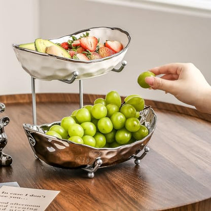 2-Tier Fruit Bowls for Kitchen Counter,Ceramic Bowl with Silver Metal Stand,2 Tier Fruit Basket for Fruit,Snack,Cake,Nuts,Dessert Space Saving Storage - color: Silver