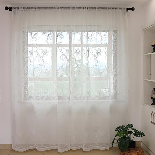 SLOW SOUL Set of 2 Panels White Lotus Floral Sheer Curtains Modern Semi Sheer Embroidered Curtains & Drapes for Bedroom Living Room Rod Pocket 54W X 96L inch
