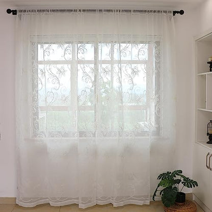 SLOW SOUL Set of 2 Panels White Lotus Floral Sheer Curtains Modern Semi Sheer Embroidered Curtains & Drapes for Bedroom Living Room Rod Pocket 54W X 96L inch