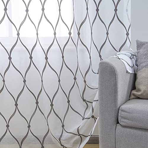July Joy White Sheer Curtains 84 Inches Long Grey Moroccan Embroidered Grommet Semi Window Drapes for Living Room Bedroom, 2 Panels - color: Grey, size: 52"W x 84"L (Pack of 2)