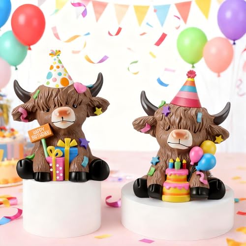 Karenhi 2 Pcs Highland Cow Figurines Resin Birthday Cake Topper Decor - style: Birthday