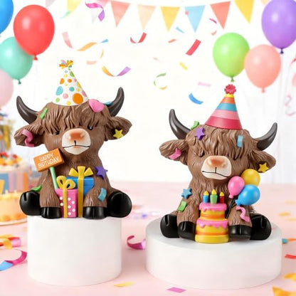Karenhi 2 Pcs Highland Cow Figurines Resin Birthday Cake Topper Decor - style: Birthday