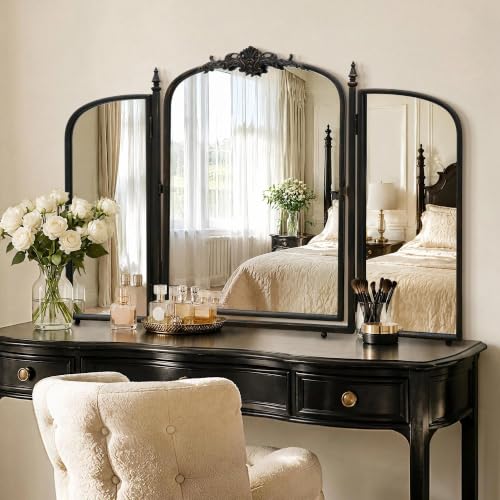 Besdomus Black Vanity Trifold Mirror: 40"x28" Vintage Arch Three Way Mirror - color: Black Gold, size: 28"L x 40"W