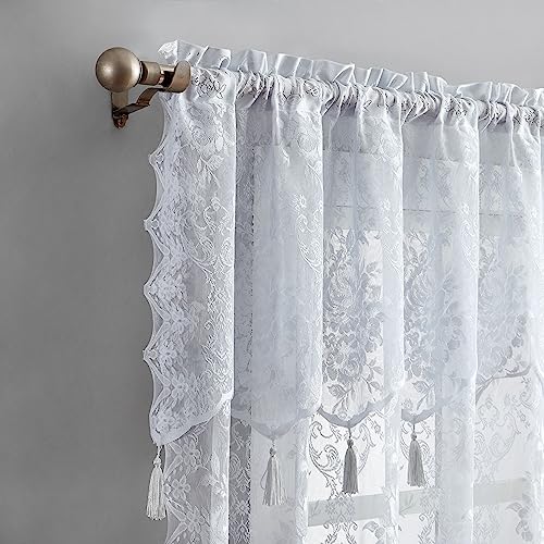 LinenZone 54 x 84 White Lace Curtains with Tassels. (Luna 54x84, White) - color: White, size: 54"W x 84"L (Pack of 2)