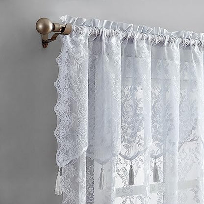 LinenZone 54 x 84 White Lace Curtains with Tassels. (Luna 54x84, White) - color: White, size: 54"W x 84"L (Pack of 2)