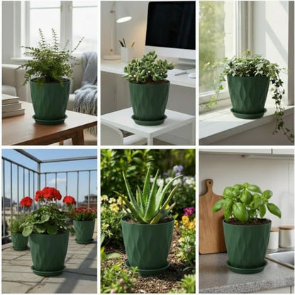 8 Inch Plastic Plant Pots for Plants with Drainage Holes and Saucer, 6 Pack - color: Deep Green 8 Inch